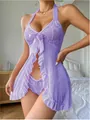 Détail de l'ensemble lingerie en dentelle violet clair avec licou et petit nœud - Mauve Clair