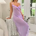 Nuisette en mesh transparent lavande avec col en V à volants et fines bretelles - S / Violet