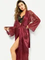 Close-up of burgundy satin robe featuring intricate lace trim on sleeves and hemline - S / Burgundy