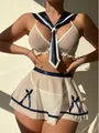 Dettaglio di lingerie cosplay da marinaio in rete velata con bordi in raso blu e fiocchi - S / Bianco + Blu