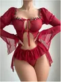 Detailed macro shot of red mesh lingerie featuring lace roses and flared split sleeves - S / Red