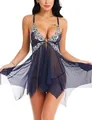 Detailed close-up of lace trim and translucent mesh fabric on dark blue chemise dress - S / Dark Blue