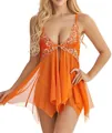 Close-up of orange lace embroidery and sheer mesh fabric on a sexy babydoll dress - S / Orange