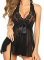 Detailed view of black lace halter chemise with satin bow and sheer mesh slit detail - S / Black