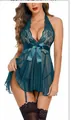 Lace halter teddy lingerie set in dark teal with satin bow and mesh skirt - S / Teal