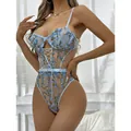 Close-up of light blue lace bodysuit with intricate floral embroidery and tie-up front - Light Blue