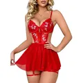 Teddy rouge sexy avec broderie florale et jupe plissée en mesh transparent vue de face - S / Rouge