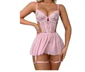 Ensemble lingerie en dentelle rose avec broderie florale, jupe résille et jarretières - S / Rose