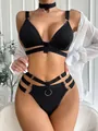Three-piece black sexy lingerie set with metal rings and strappy cutout details - S / Black
