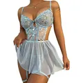 Nuisette sexy en tulle bleu clair avec broderie florale et jarretelles réglables - Bleu clair