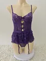 Détails de lingerie en dentelle violette avec tulle floral, nœud et porte-jarretelles - Violet