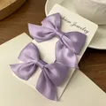 Cute lavender bow hair clips for girls featuring a textured ribbon and 2-piece set design - Satin Bow / 2 Pcs/Set / Purple