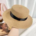 Women's light brown boater straw hat with black ribbon and flat wide brim - Black Band Khaki Hat (D-376)