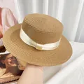 Women's light brown straw sun hat with creamy white ribbon bow and wide brim - Beige Band Khaki Hat (D-376)