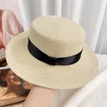 Women's summer boater straw hat featuring a wide black ribbon and elegant woven texture - Black Band Beige Hat (D-376)