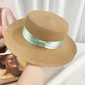 Brown woven straw sun hat with light green ribbon bow and wide brim for summer beach - Green Band Khaki Hat (D-376)