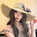 Women's yellow straw sun hat with raw edges and pink purple flower bouquet details - Beige Flower (D-581)