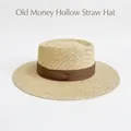 Cappello da sole da donna in paglia traforata naturale con nastro marrone chic - Cappello Beige Banda Beige (D-0006)