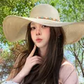 Beige wide brim straw sun hat featuring seaside shells and light blue starfish trim - Beige Starfish Hat (D-578)