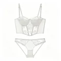 Detailed view of French white lace corset bra and matching panty set with satin finish - S / White
