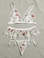 Ensemble lingerie 3 pièces en maille blanche avec broderie florale et détails dentelle - S / Blanc