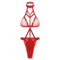 Sexy rotes Dessous-Set aus Lackleder und Mesh mit Neckholder und Metallring-Details - S / Rot