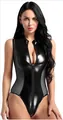Front detail of black patent leather sleeveless bodysuit with full-length zipper closure - S / Black