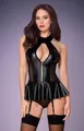 Sexy zwart laklederen lingerieset met ritssluiting en transparante mesh-panelen - S / Zwart
