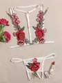 Witte kanten lingerieset met rode rozenborduring en bijpassende string op linnen - S / Wit