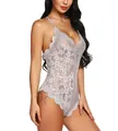 Detailed close-up of lavender lace bodysuit featuring deep V-neck and scalloped edges - S / Gray