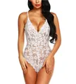 Exquisites weißes Blumen-Spitzen-Body mit tiefem V-Ausschnitt und feinen Trägern - S / Weiß