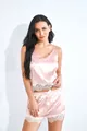 Detailed view of pink satin camisole set with delicate white lace trim and bow knot - S / Pink
