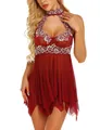 Dettaglio baby-doll rosso con ricamo floreale in pizzo bianco e bordo asimmetrico - M / Rosso