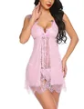 Sottoveste in pizzo rosa chiaro con allacciatura al collo, scollo a V e fiocco - Taglia M / Rosa Chiaro