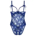 Body de encaje floral azul marino con lazos y diseño erótico de aberturas - S / Azul