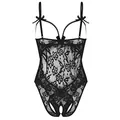Body sexy de encaje negro con busto y entrepierna abiertos y motivos florales finos - S / Negro
