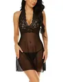 Détail d'un ensemble babydoll en dentelle noire et mesh transparent sur fond blanc pur - S / Noir
