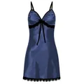 Navy blue satin nightgown with black floral lace trim and elegant ribbon bow detail - Blue