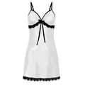 Elegant white satin chemise nightgown with black lace trim and bow accent detail - White
