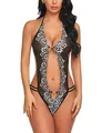 Dettaglio del pizzo floreale nero e ricamo bianco sul body sexy con scollo a V - S / Nero