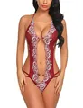 Macro view of dark red lace teddy lingerie with white lace trim and metal buckle detail - S / Burgundy