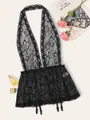Sexy black lace lingerie sleepwear with deep V-neck, floral patterns and garter hooks - S / Black