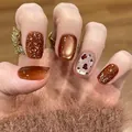 Uñas postizas cortas de leopardo con ojo de gato ámbar y purpurina marrón de otoño - Estilo Estándar