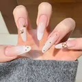 Long almond press-on nails with nude pink gradient, cat paw prints and heart patterns - Box Packaging / Nude Pink Gradient Polka Dot (BS2235)