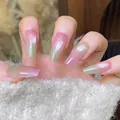 Pink and green gradient cat eye press on nails in long coffin shape for women - Pink Blue Gradient Standard