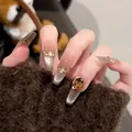 Ongles press-on œil-de-chat luxueux avec strass ambrés en forme de trapèze long - M / 10 Pièces / Style Magnifique (BY1947)