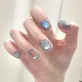 Pink and white floral press-on nails in short oval shape for a sweet cute style - M / Polar Gray (BY2362)