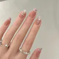 Pink cat eye handmade press-on nails with pearl bows and silver star accents - M / Pink Star (BY2352)