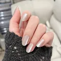 Champagne gold cat-eye press-on nails in elegant oval shape with a pearlescent finish - Glue Type / Charming Style (BY1304)