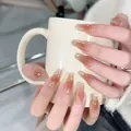 Long coffin press-on nails with amber pink gradient and elegant gold foil flakes - Glue Type / Amber Gradient Style (BY1301)